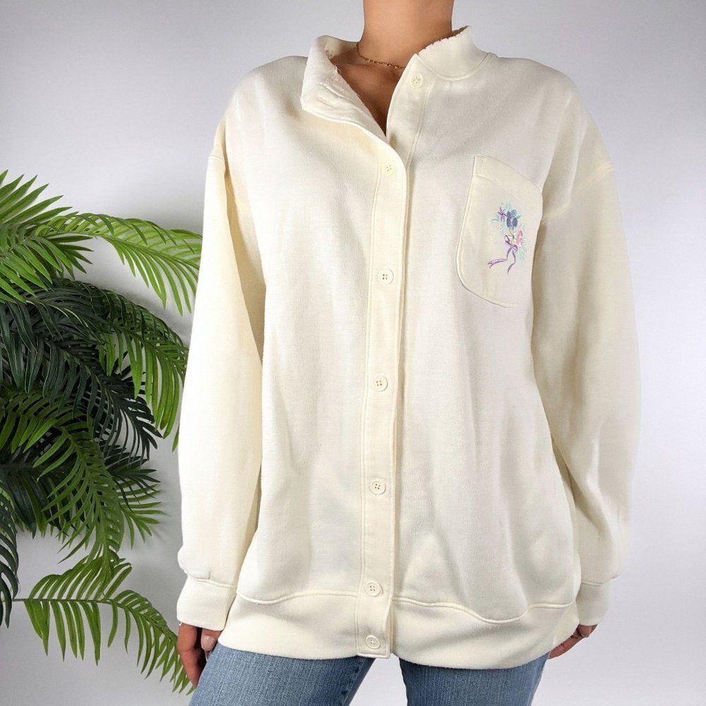 Vintage 90s Cream Cottagecore Soft Girl Oversized Grandma Sweater Cardigan / M